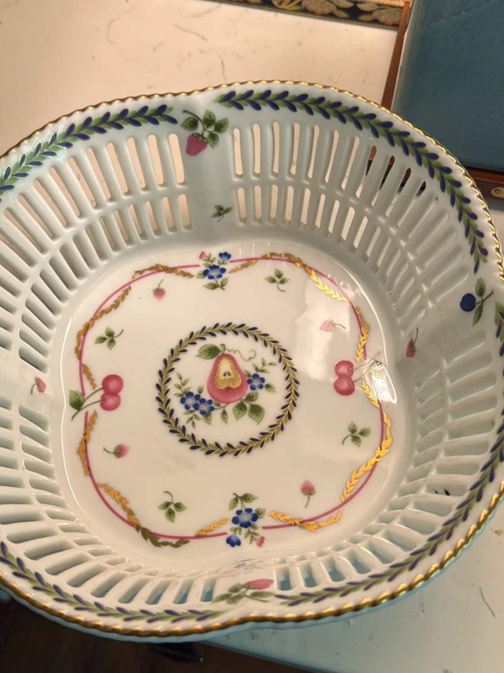 Maple Decorative Fruit Basket - White with Pink and Blue Floral Accents